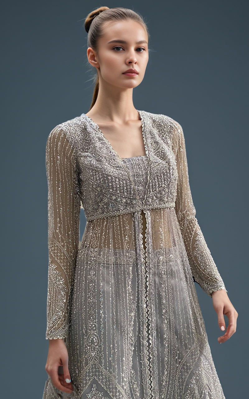 Grey Embroidered Net Maxi Dress (3-Piece) - Image 4