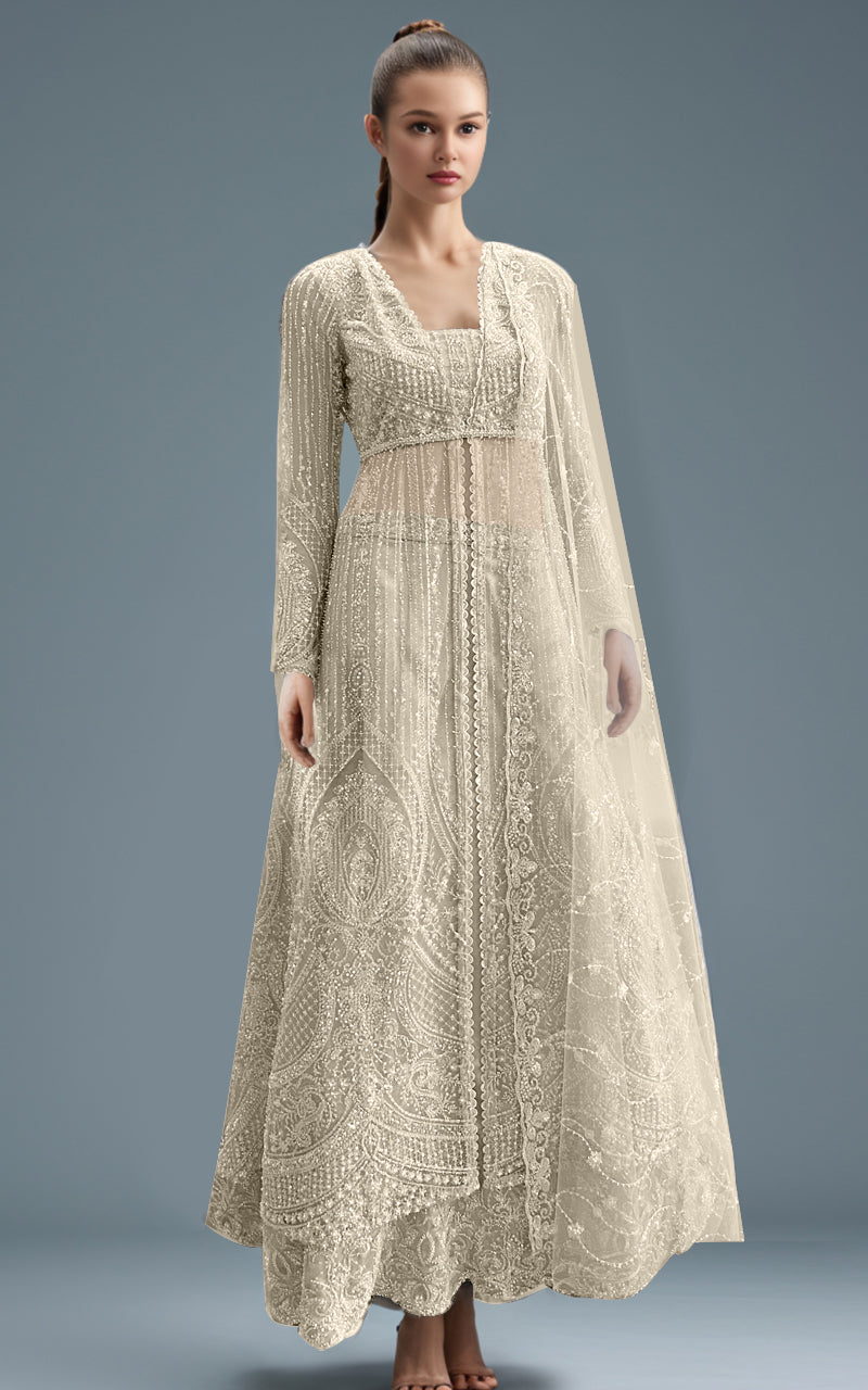 Grey Embroidered Net Maxi Dress (3-Piece) - Image 5