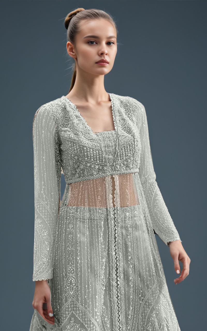 Grey Embroidered Net Maxi Dress (3-Piece) - Image 7