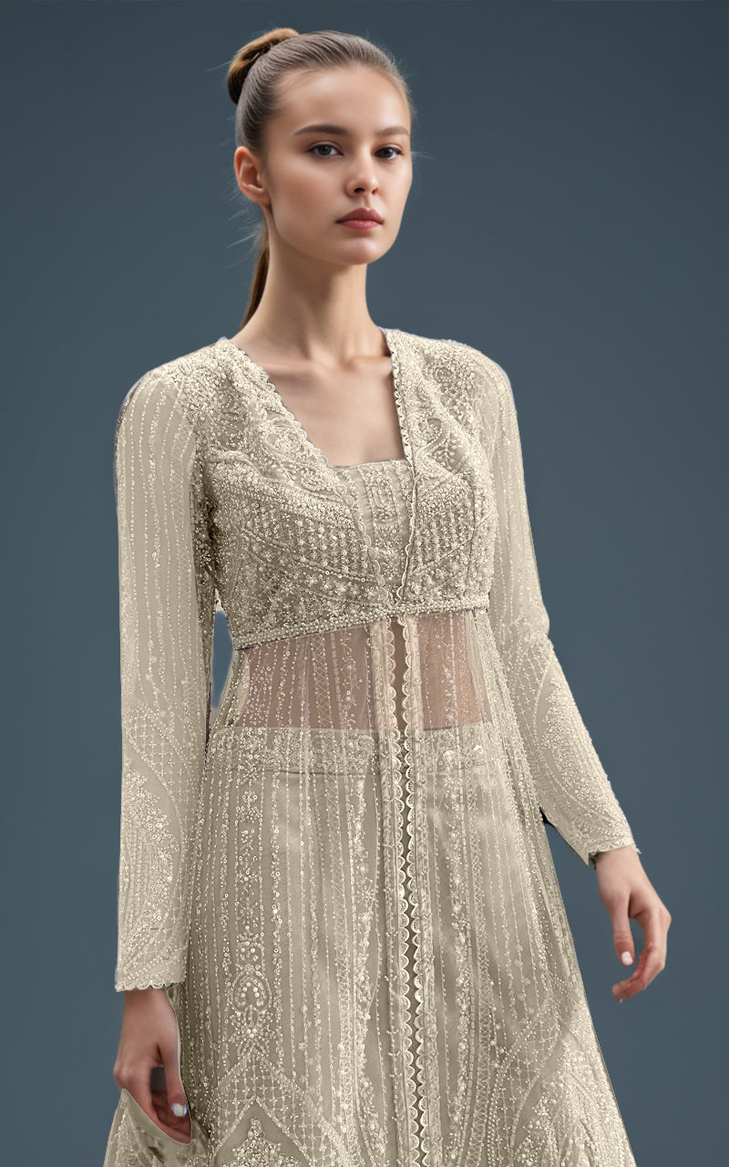 Grey Embroidered Net Maxi Dress (3-Piece) - Image 9