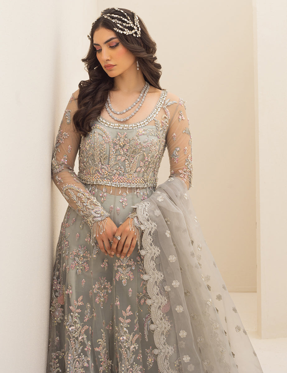 Soft Grey Embellished Net Maxi Dress (3-Piece) - Image 3