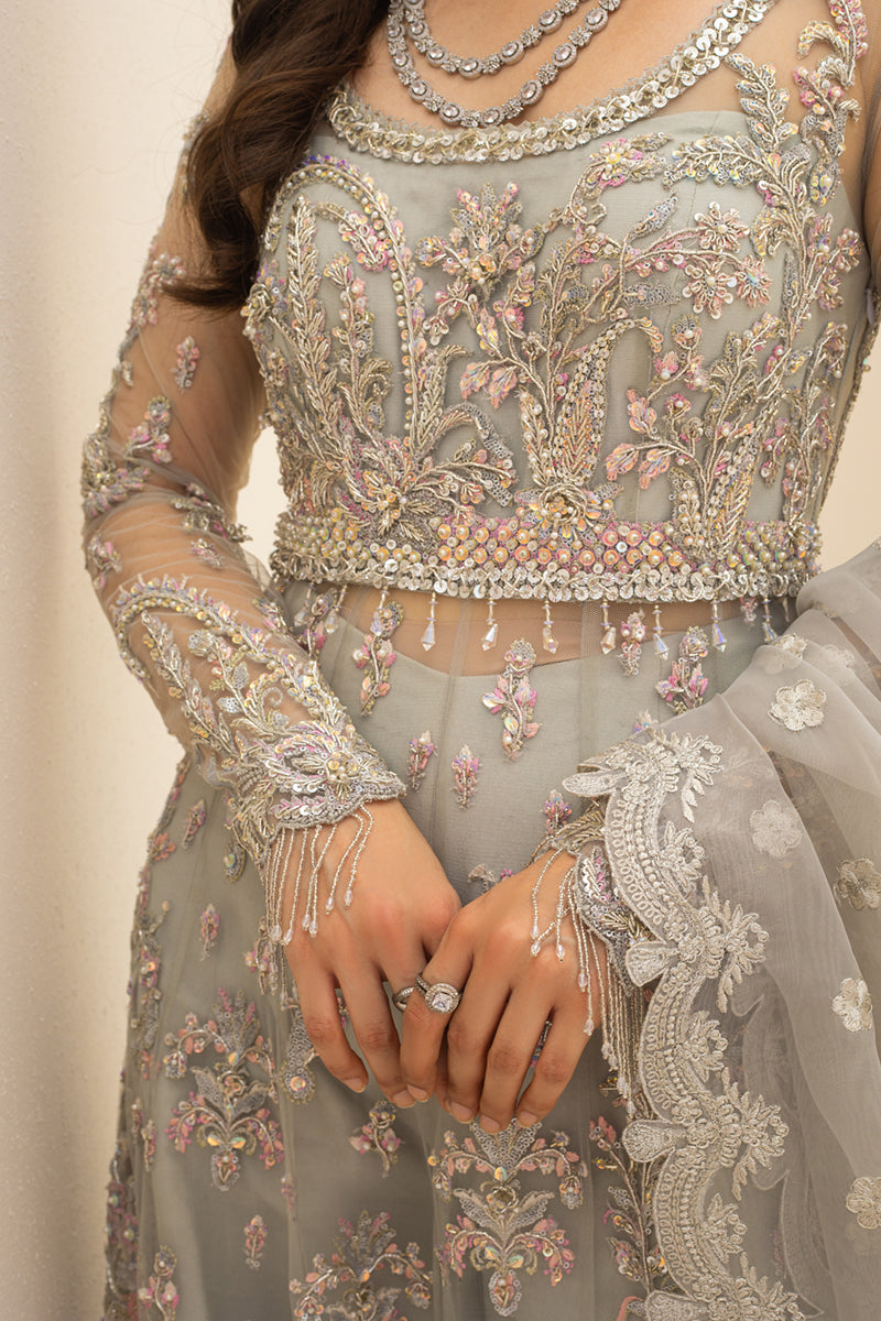 Soft Grey Embellished Net Maxi Dress (3-Piece) - Image 4