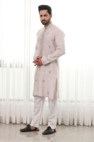 Grey Resham Embroidered Cotton Katan Kurta (2-Piece) - Image 2