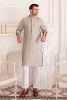 Grey Self-Embroidered Cotton Net Kurta (2-Piece) - Image 1