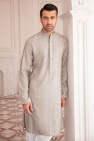 Grey Self-Embroidered Cotton Net Kurta (2-Piece) - Image 2