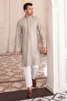 Grey Self-Embroidered Cotton Net Kurta (2-Piece) - Image 4