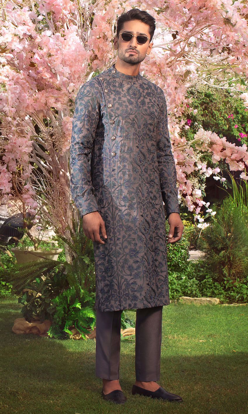 Slate Grey Royal Blue Embroidered Cotton-Silk Kurta (2-Piece) - Image 1