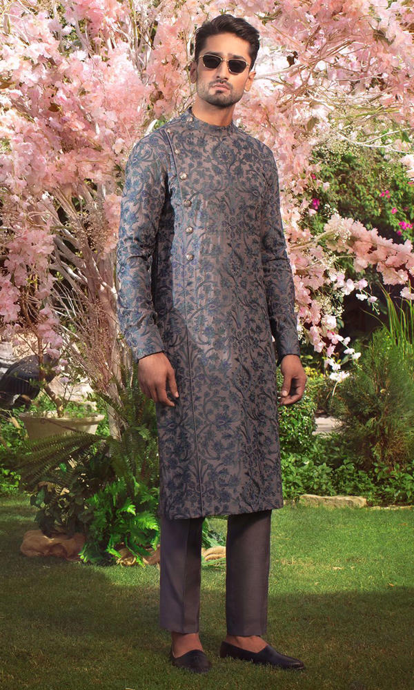 Slate Grey Royal Blue Embroidered Cotton-Silk Kurta (2-Piece) - Image 2