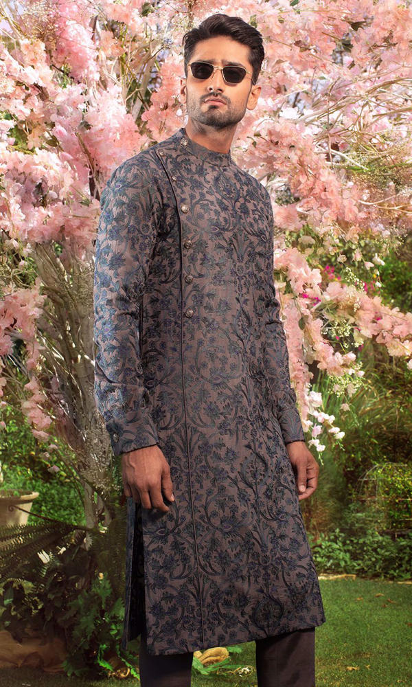 Slate Grey Royal Blue Embroidered Cotton-Silk Kurta (2-Piece) - Image 3