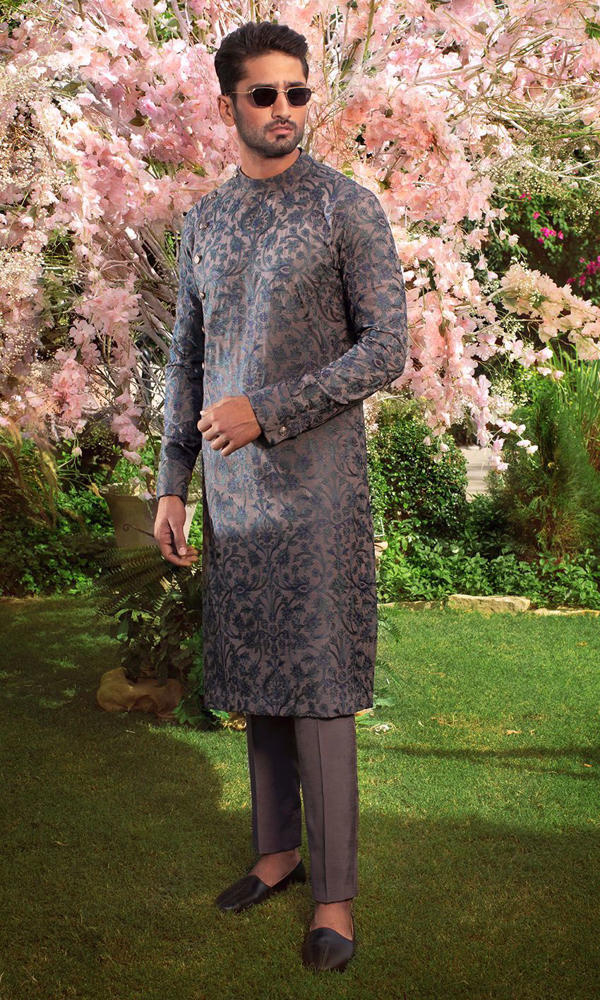 Slate Grey Royal Blue Embroidered Cotton-Silk Kurta (2-Piece) - Image 4