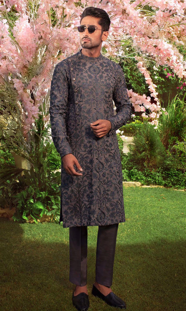 Slate Grey Royal Blue Embroidered Cotton-Silk Kurta (2-Piece) - Image 5