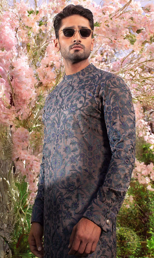 Slate Grey Royal Blue Embroidered Cotton-Silk Kurta (2-Piece) - Image 7