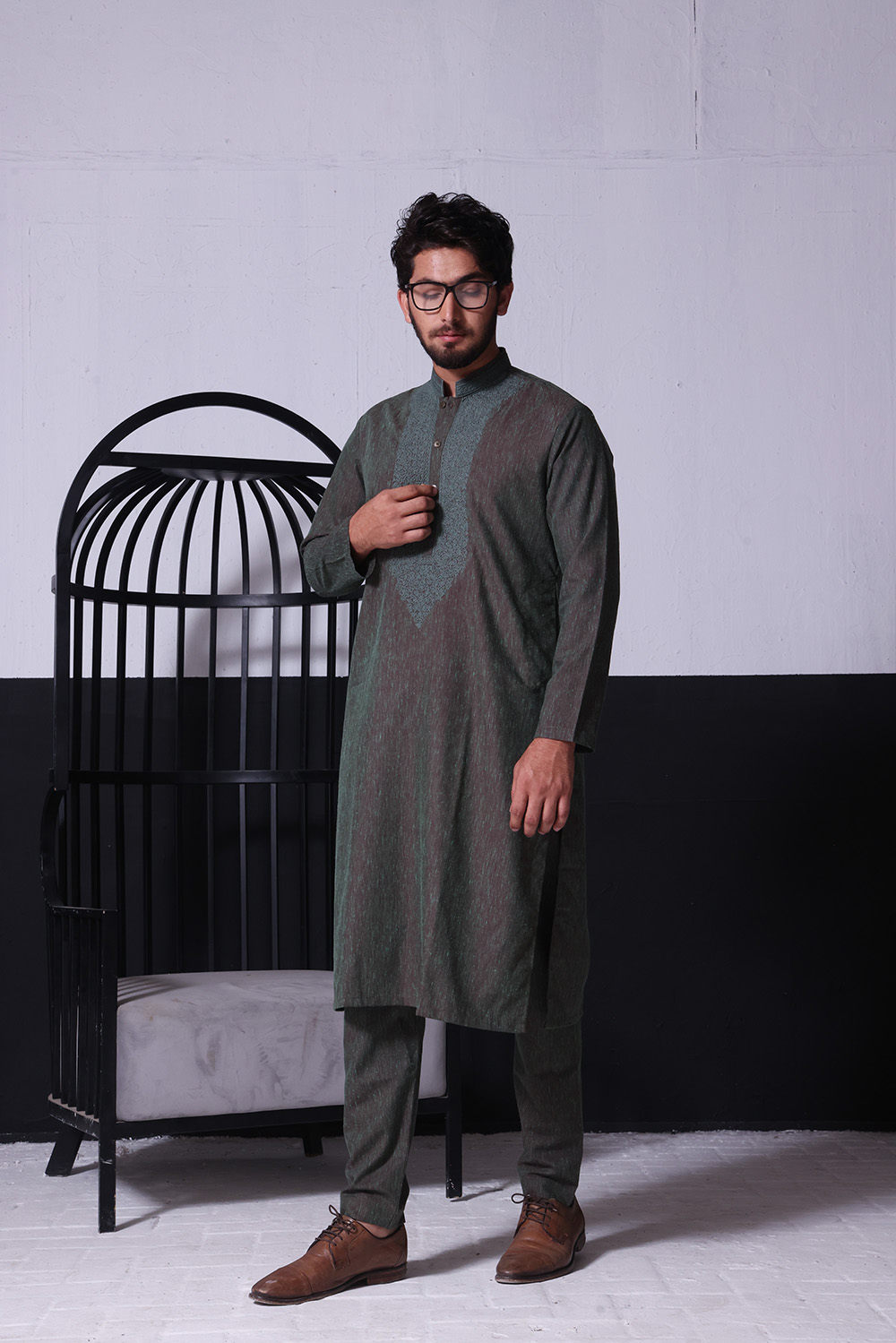 Iron Grey Embroidered Cotton Kurta (2-Piece) - Image 1