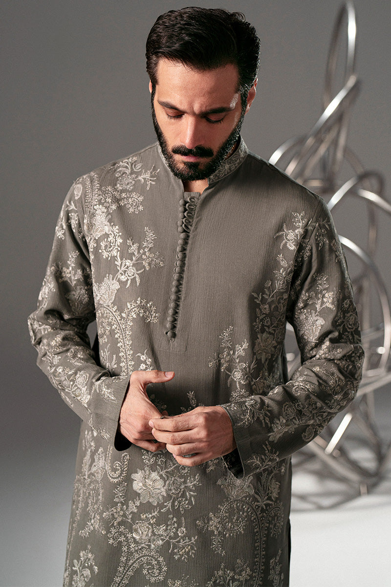 Smoke Grey Embroidered Tropical Crushed Kurta Pajama (2-Piece) - Image 1