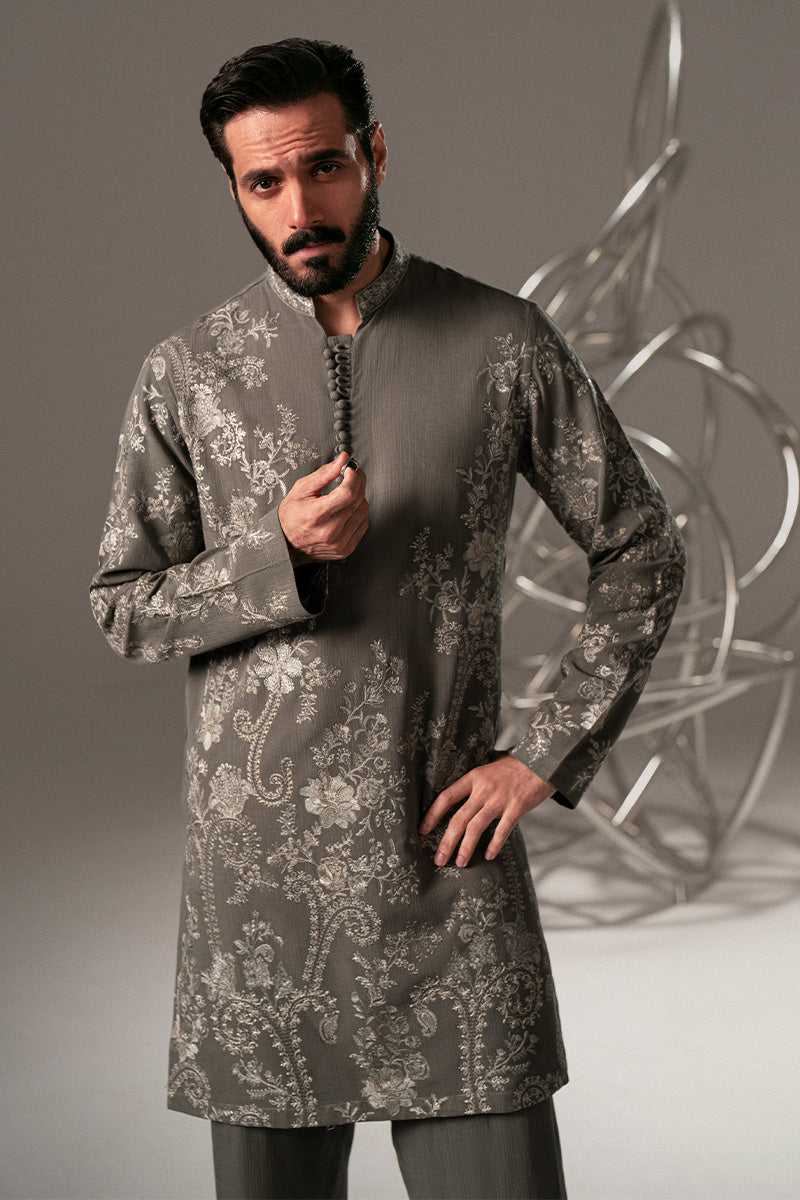 Smoke Grey Embroidered Tropical Crushed Kurta Pajama (2-Piece) - Image 3