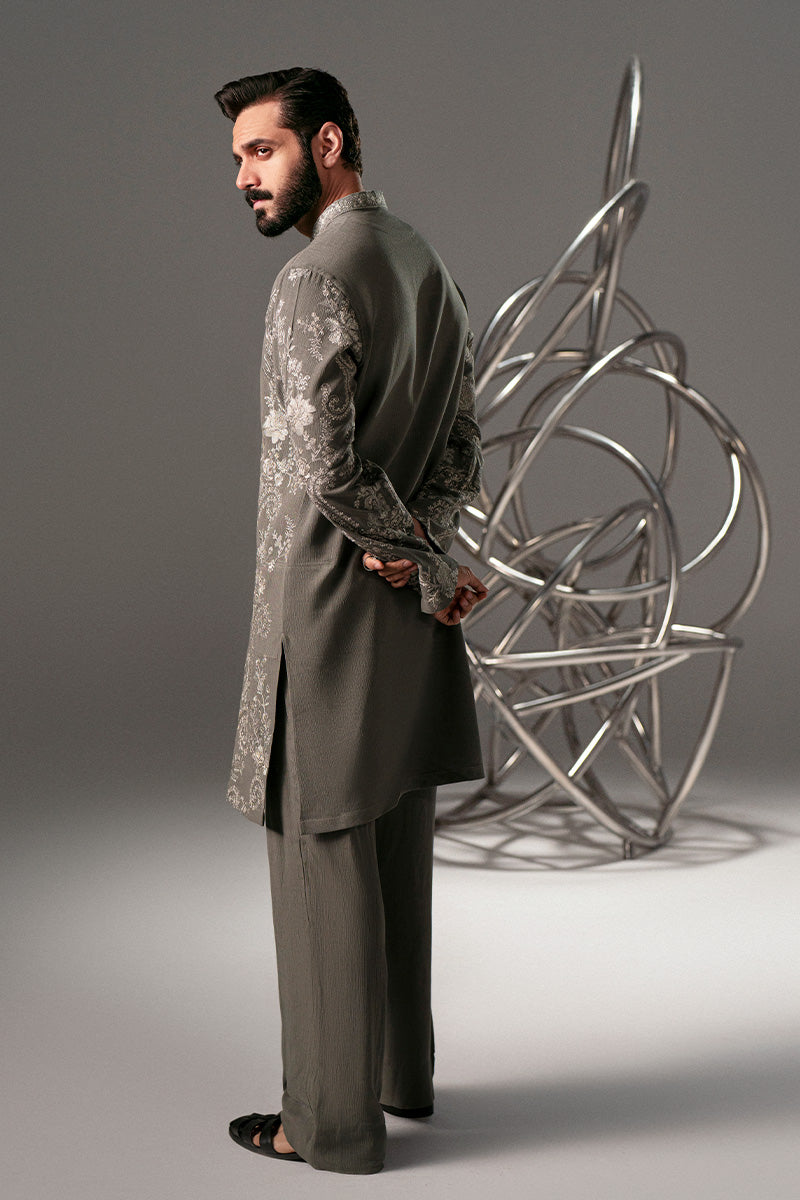 Smoke Grey Embroidered Tropical Crushed Kurta Pajama (2-Piece) - Image 4