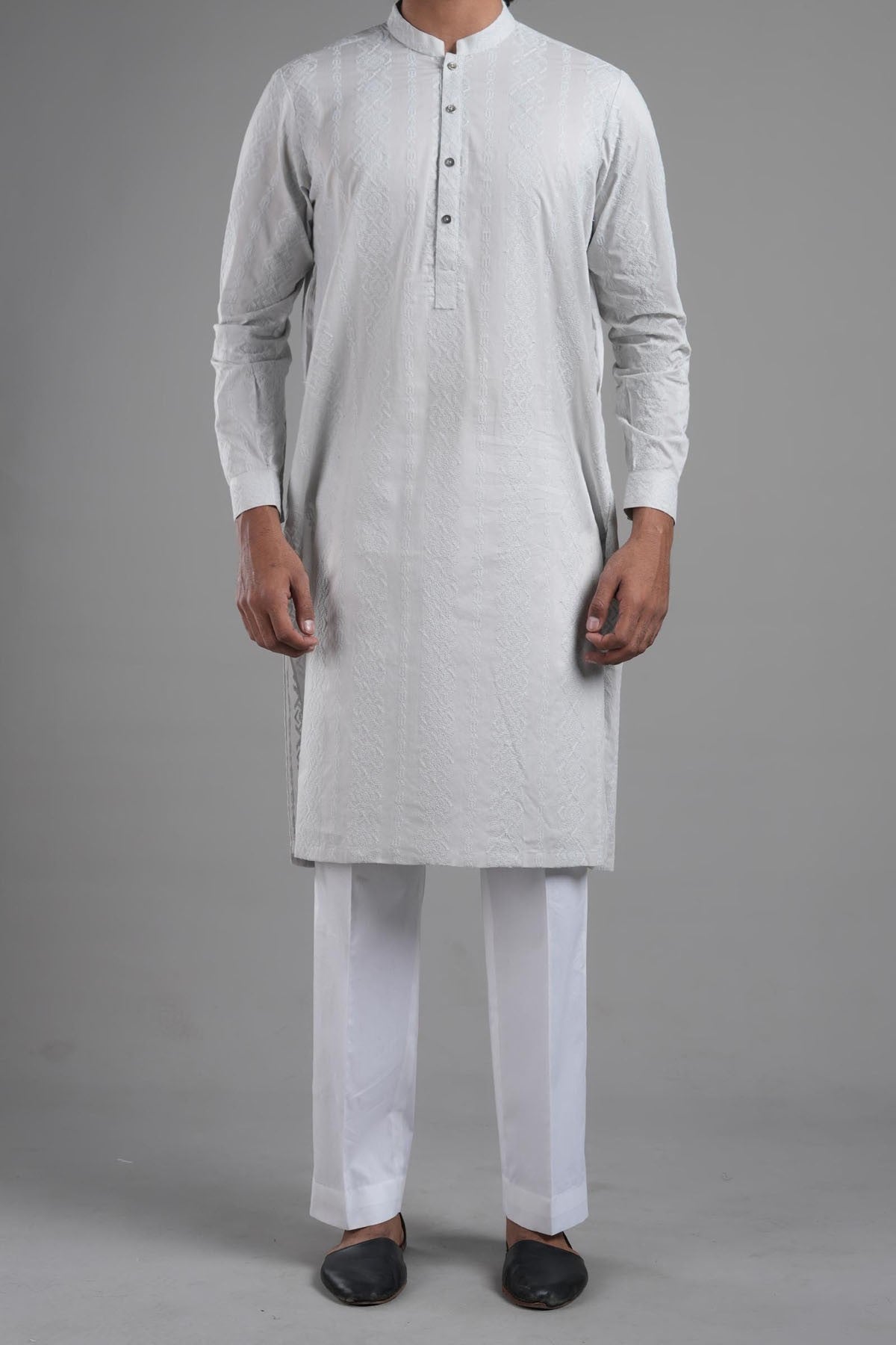Light Grey Embroidered Egyptian Cotton Kurta (2-Piece) - Image 1