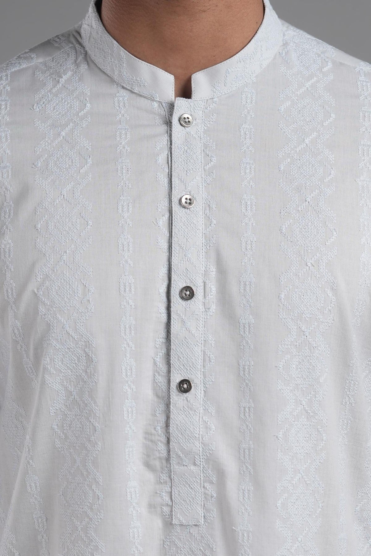 Light Grey Embroidered Egyptian Cotton Kurta (2-Piece) - Image 2