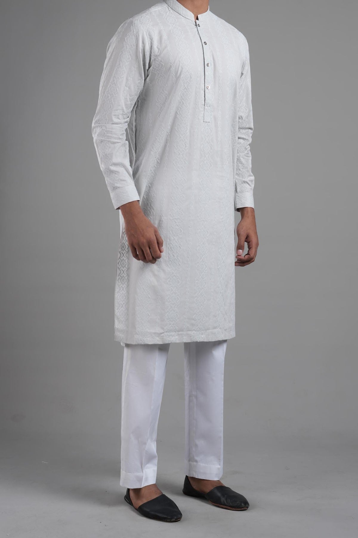 Light Grey Embroidered Egyptian Cotton Kurta (2-Piece) - Image 3