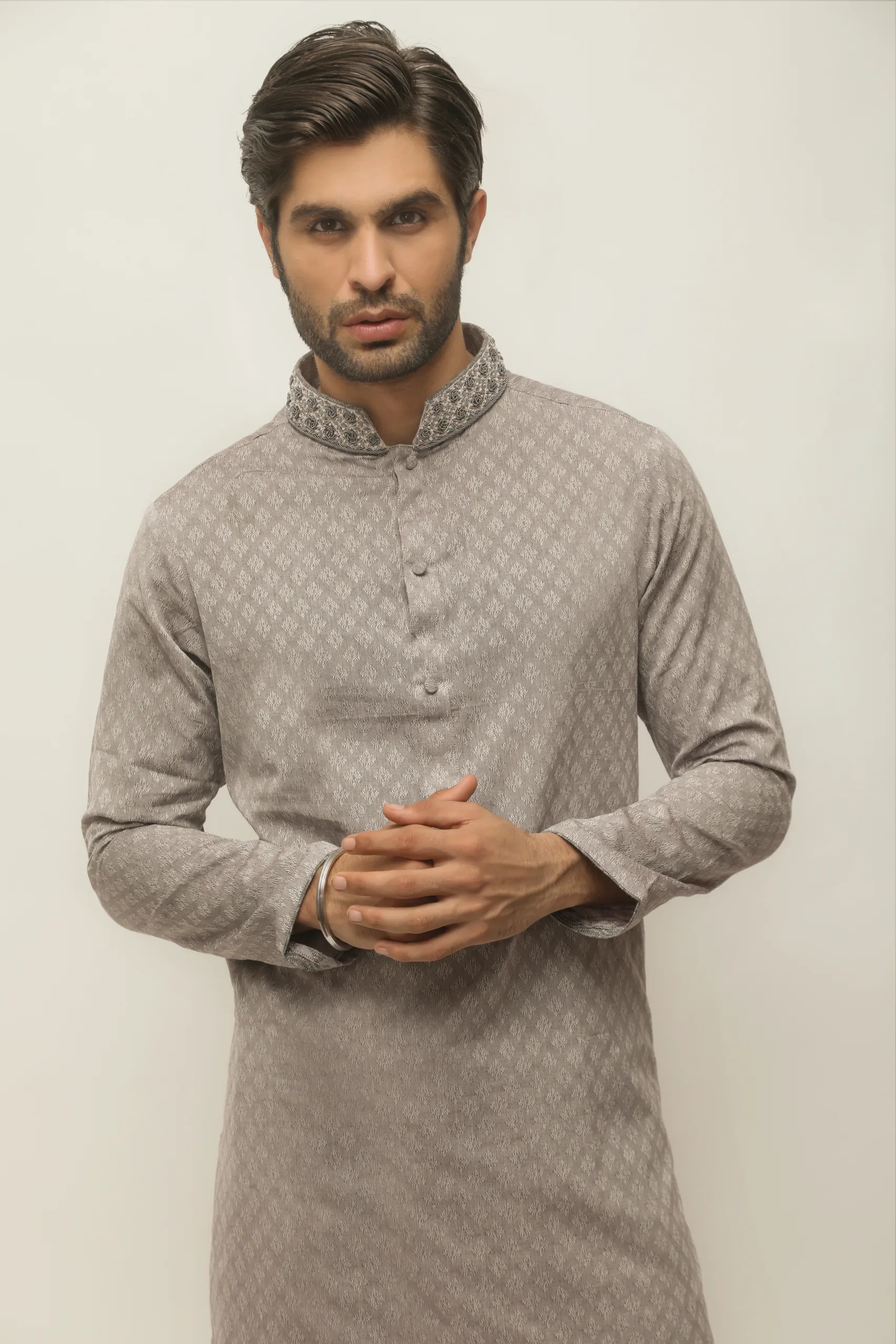 Grey Jacquard Embroidered Men's Kurta (2-Piece) - Image 1