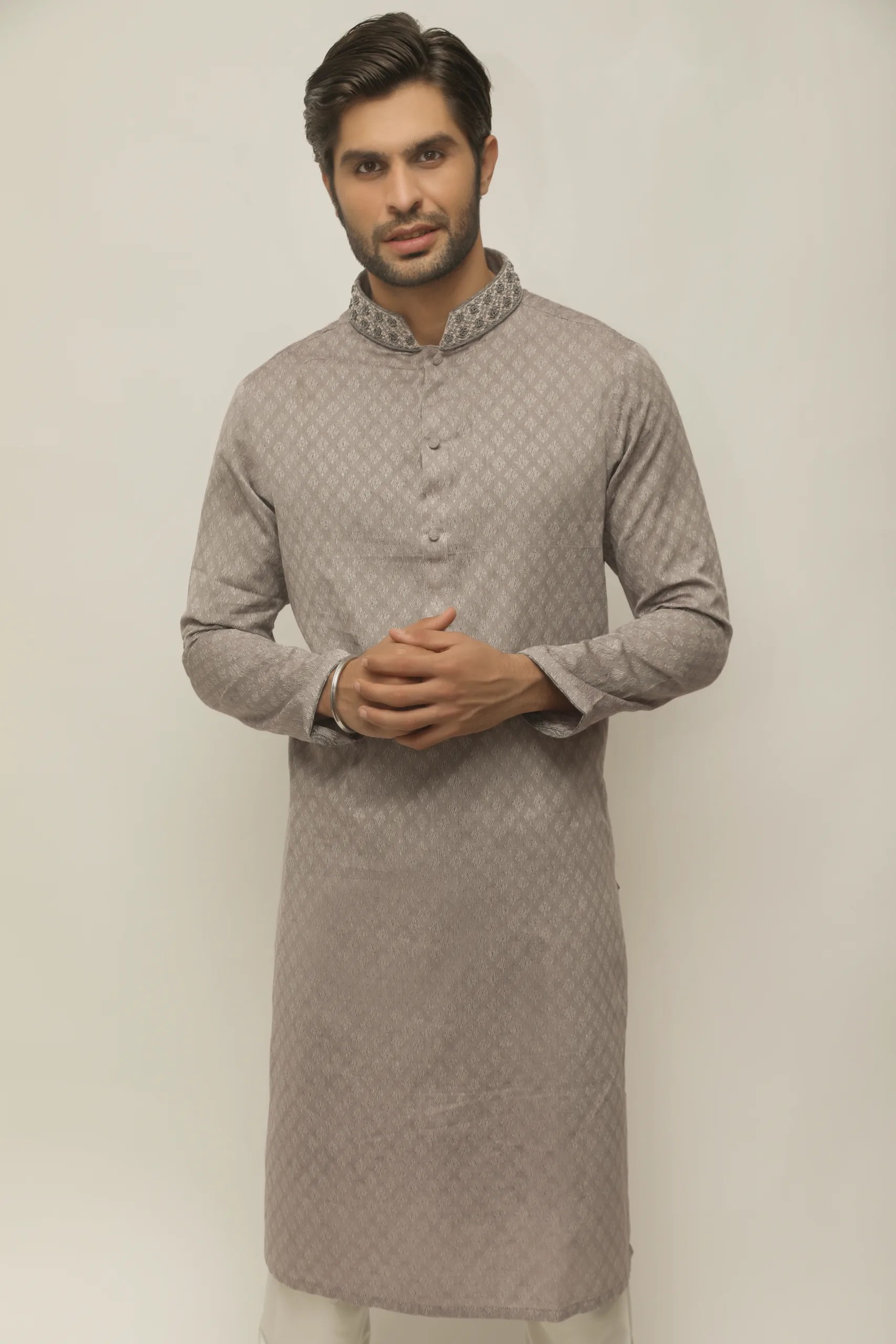Grey Jacquard Embroidered Men's Kurta (2-Piece) - Image 2