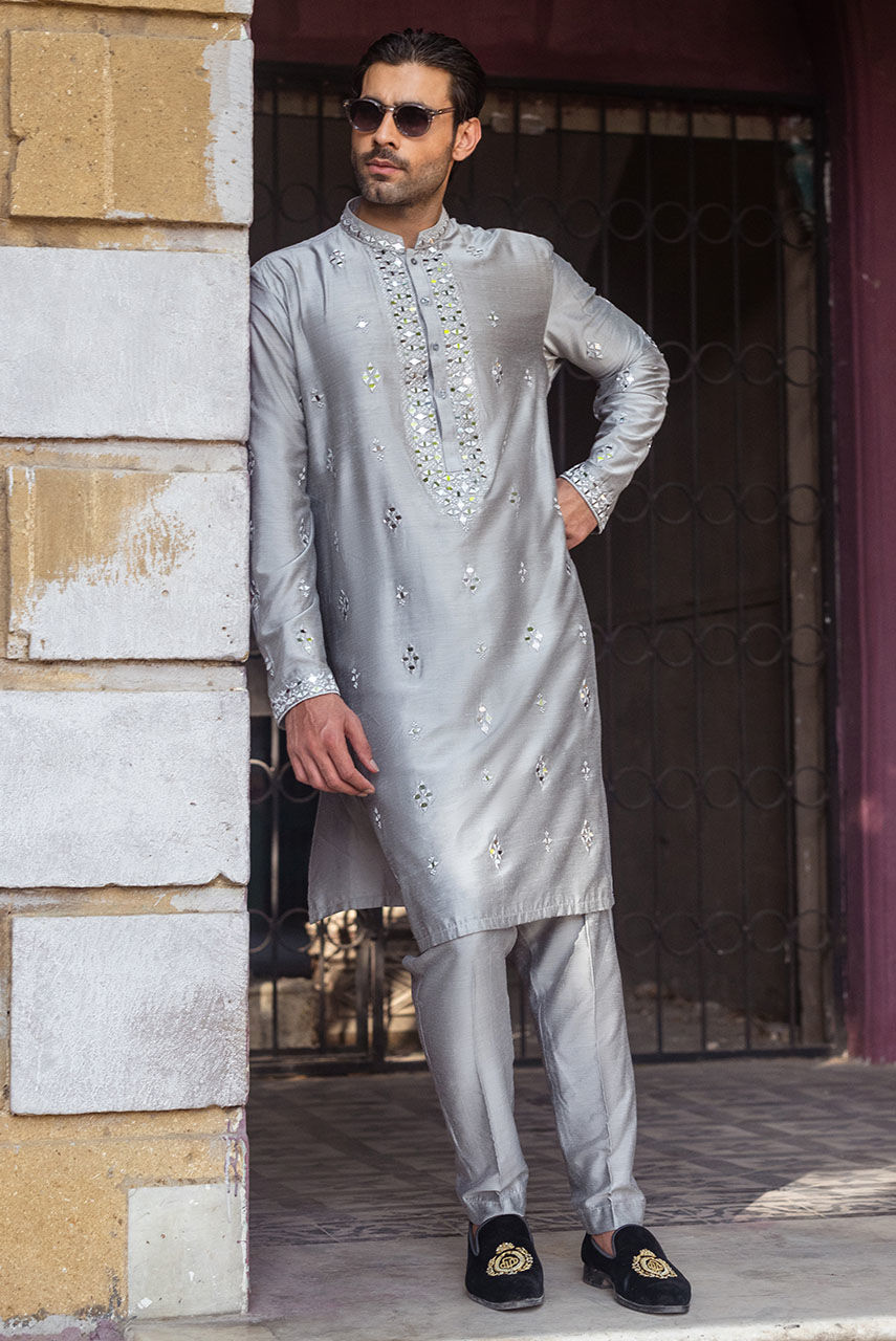 Grey Mirror Work Khaddi Silk Kurta (3-Piece) - Image 1