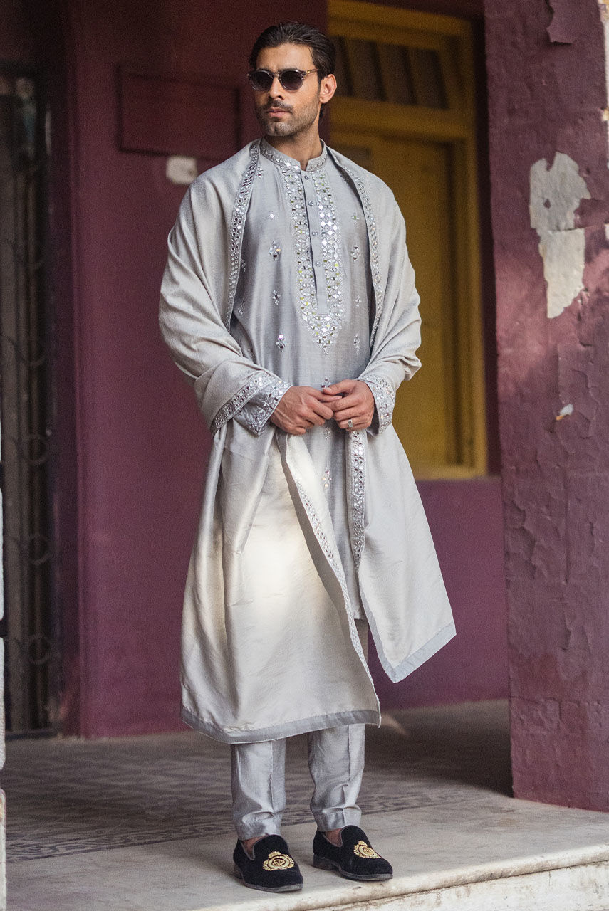 Grey Mirror Work Khaddi Silk Kurta (3-Piece) - Image 3