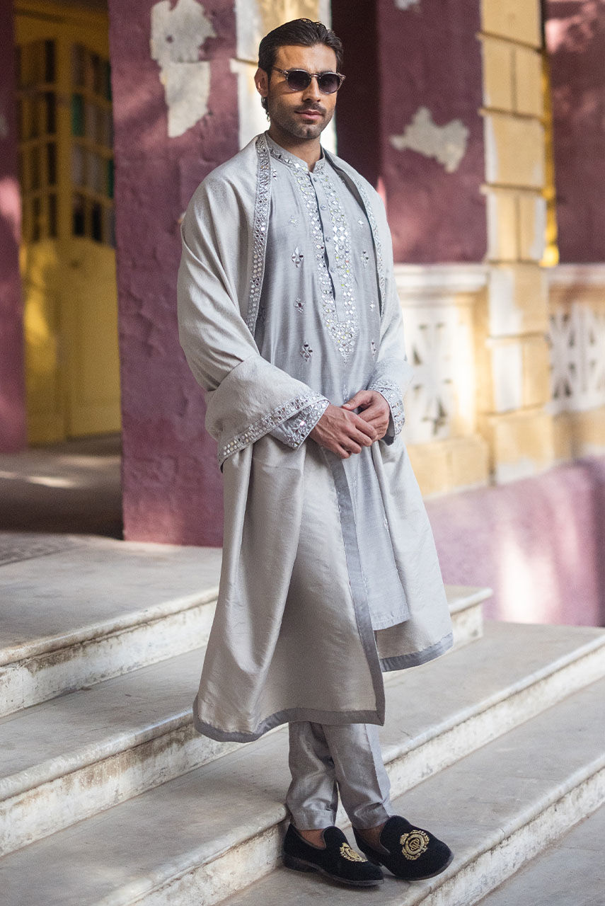 Grey Mirror Work Khaddi Silk Kurta (3-Piece) - Image 5
