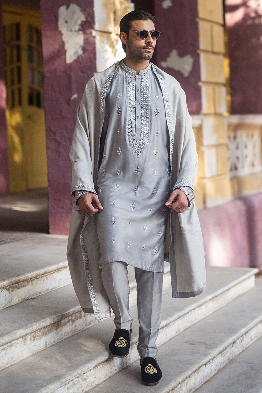 Grey Mirror Work Khaddi Silk Kurta (3-Piece) - Image 6