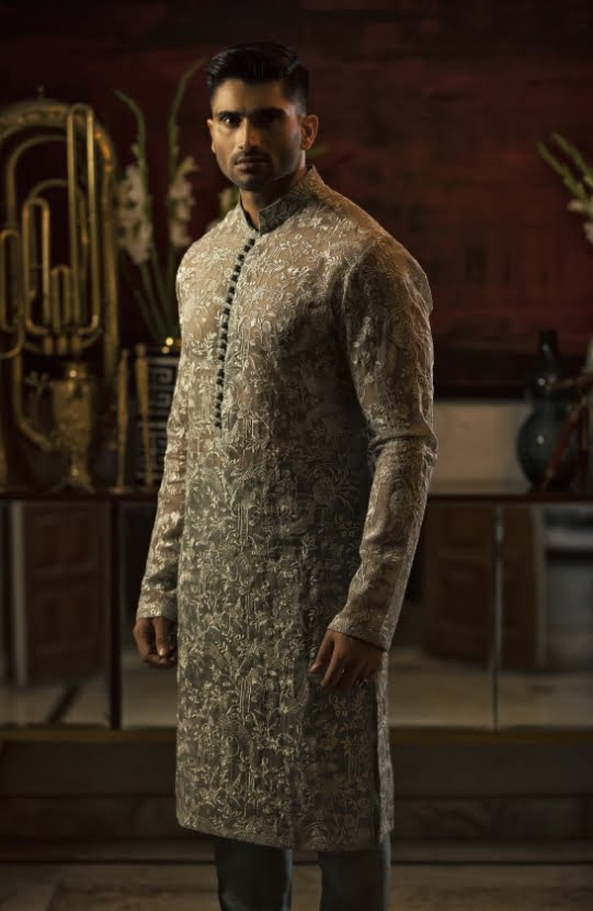 Oyster Grey Embroidered Organza Kurta (2-Piece) - Image 1