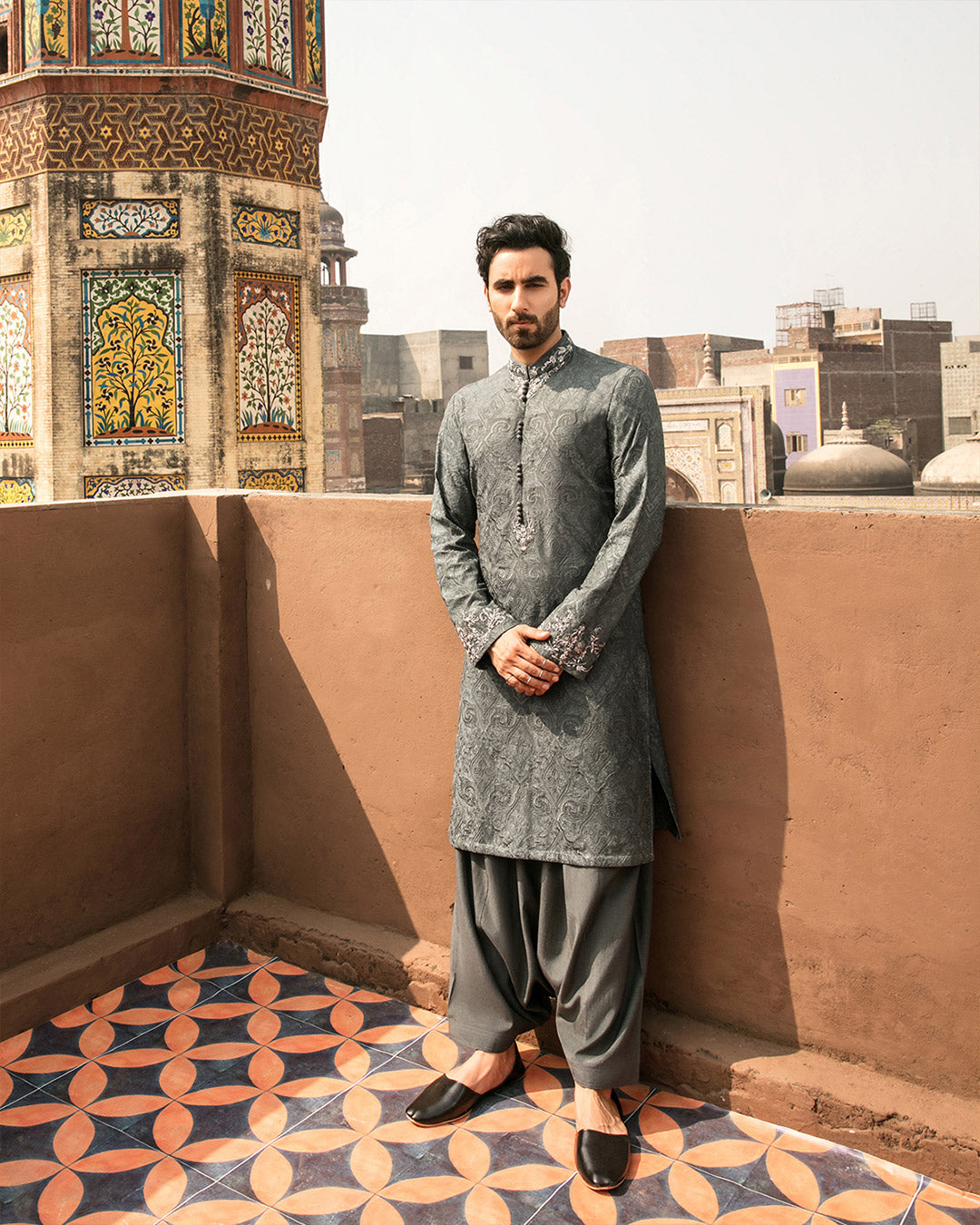 Steel Grey Embroidered Karandi Shalwar Kameez (2-Piece) - Image 1