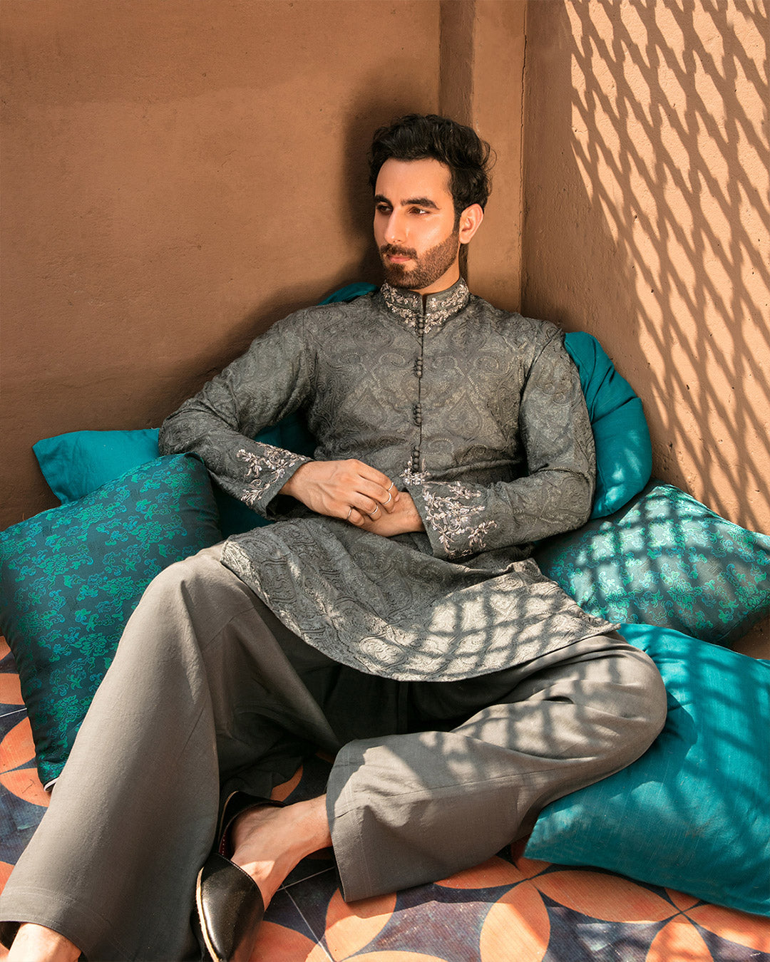 Steel Grey Embroidered Karandi Shalwar Kameez (2-Piece) - Image 2