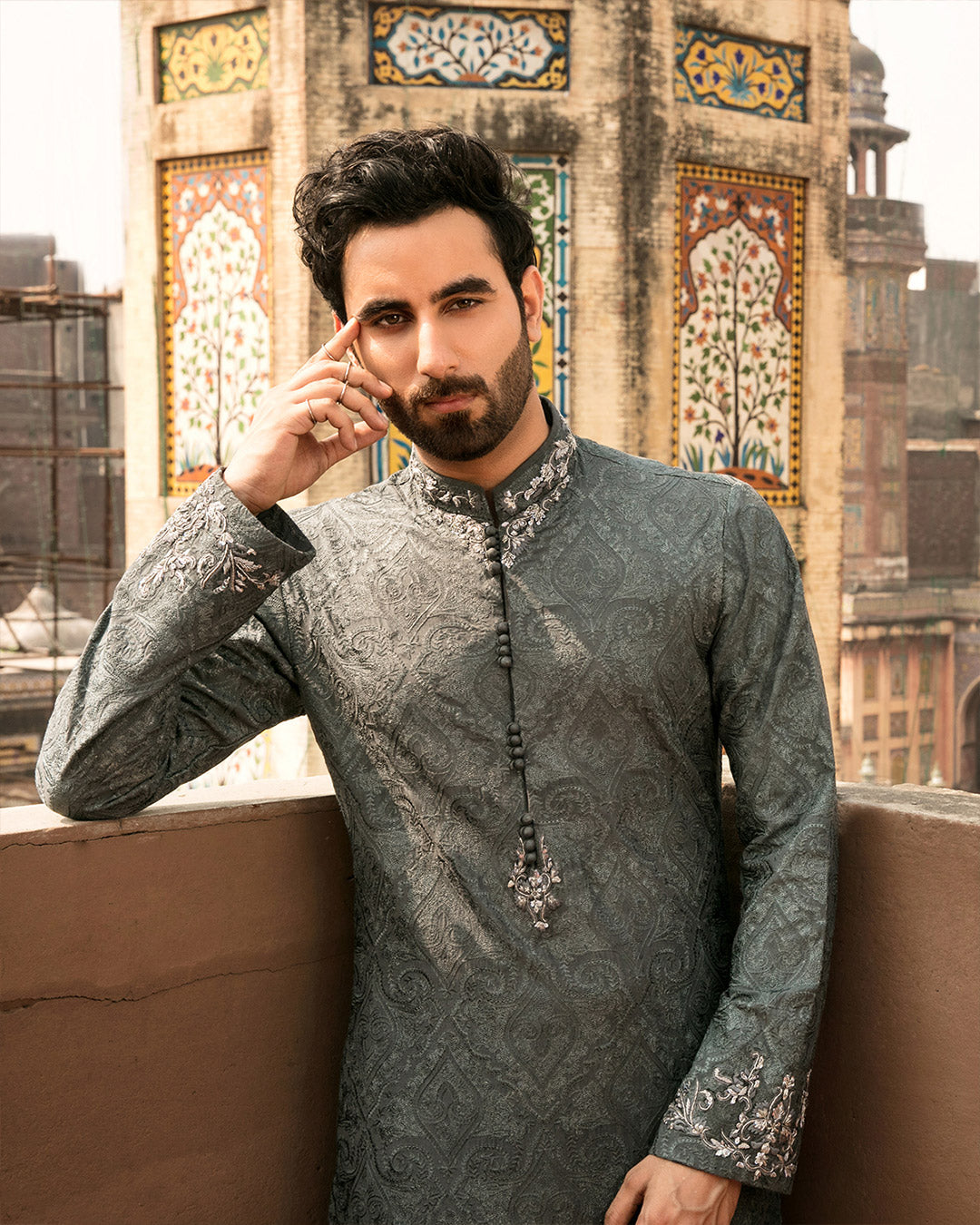 Steel Grey Embroidered Karandi Shalwar Kameez (2-Piece) - Image 3