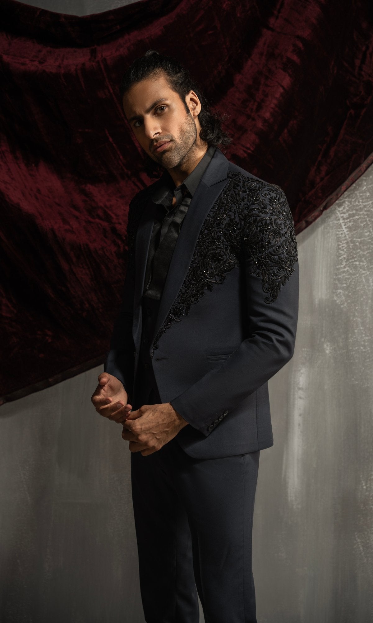 Dark Grey Embellished Suiting Fabric Tuxedo (2-Piece) - Image 4