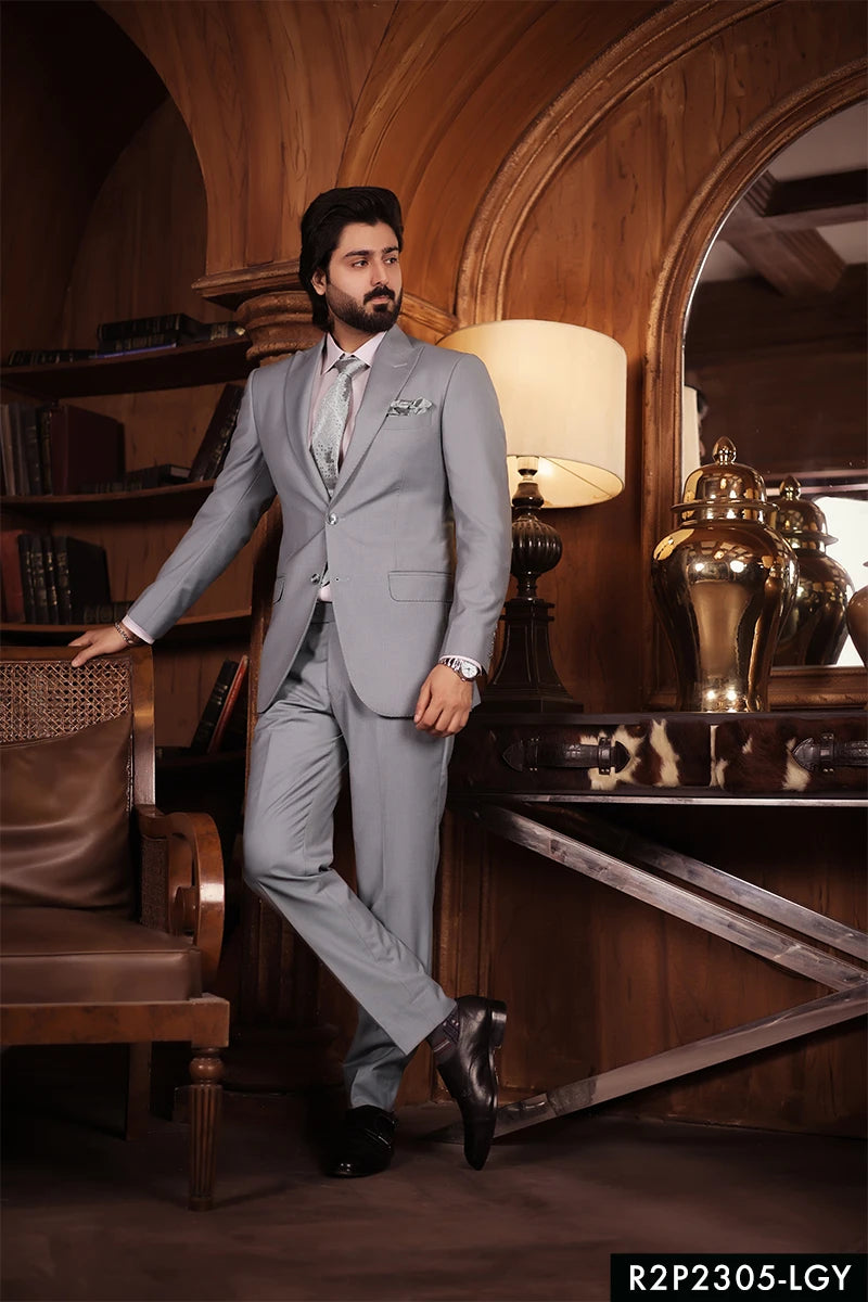 Light Grey Hem-Stitched Wool Blend Formal Suit (2-Piece) - Image 1