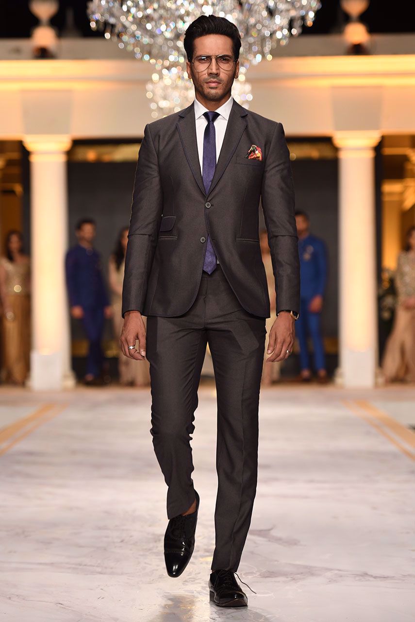 Grey Herringbone-Detail Wool Tuxedo Suit (2-Piece) - Image 1