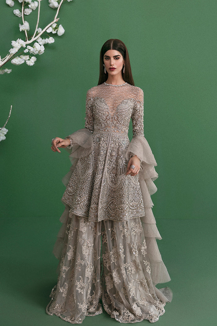 Pakistani Moon-Grey Embellished Net Peplum with Sharara (3-Piece) - Image 1