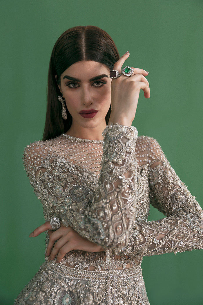 Pakistani Moon-Grey Embellished Net Peplum with Sharara (3-Piece) - Image 2