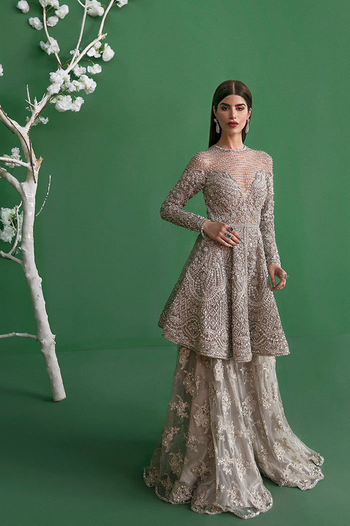 Pakistani Moon-Grey Embellished Net Peplum with Sharara (3-Piece) - Image 3