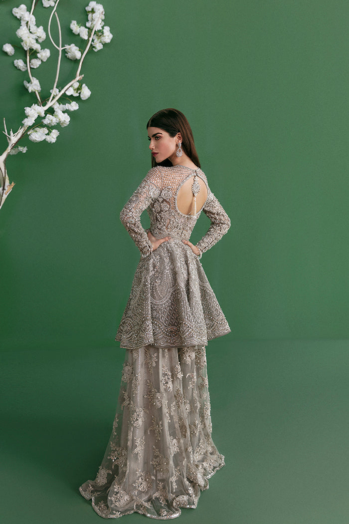 Pakistani Moon-Grey Embellished Net Peplum with Sharara (3-Piece) - Image 4