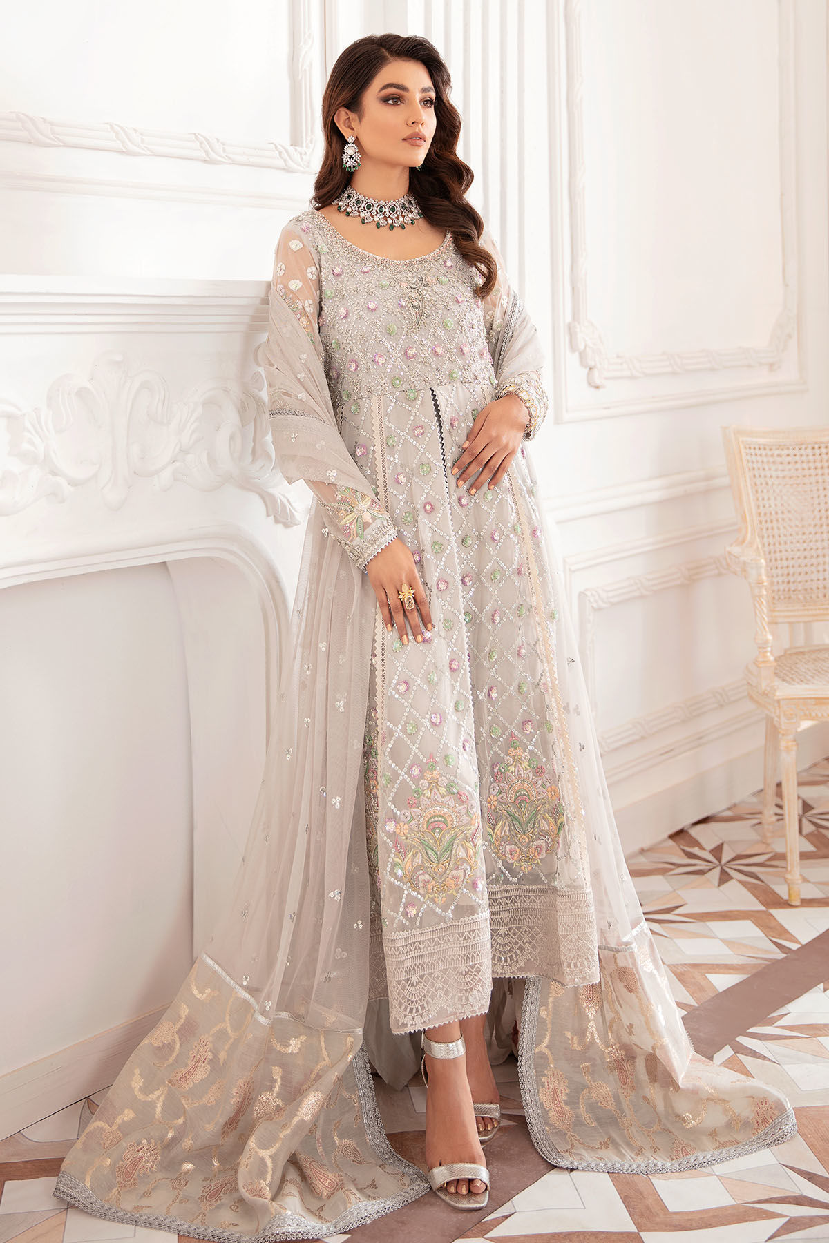 Pakistani Grey Zardozi Embroidered Net High-Low Peplum (2-Piece) - Image 1