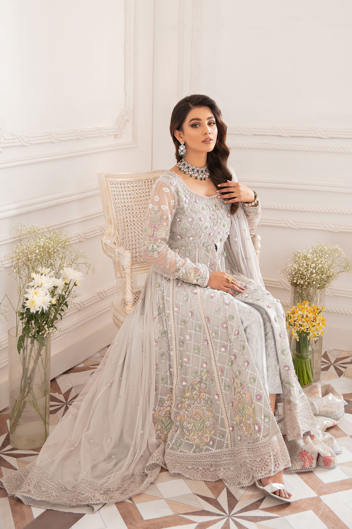 Pakistani Grey Zardozi Embroidered Net High-Low Peplum (2-Piece) - Image 2