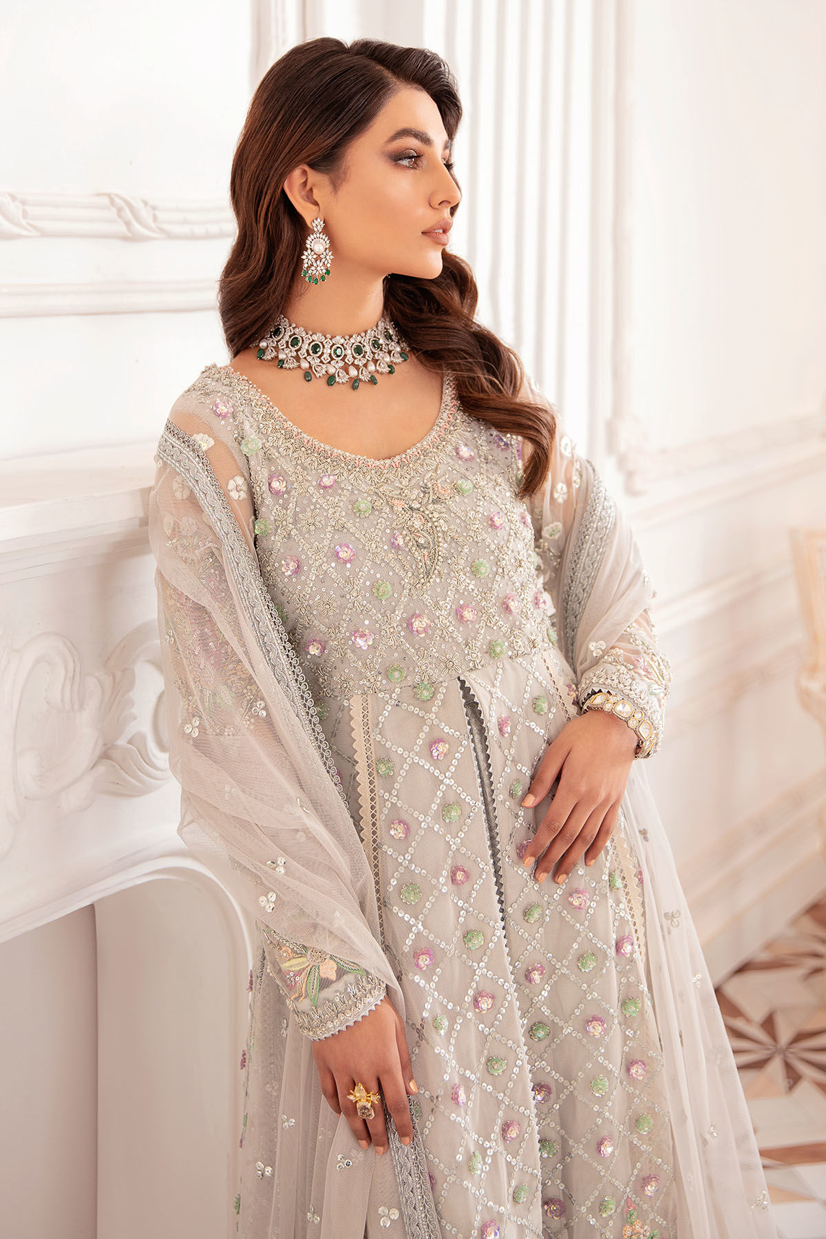 Pakistani Grey Zardozi Embroidered Net High-Low Peplum (2-Piece) - Image 3