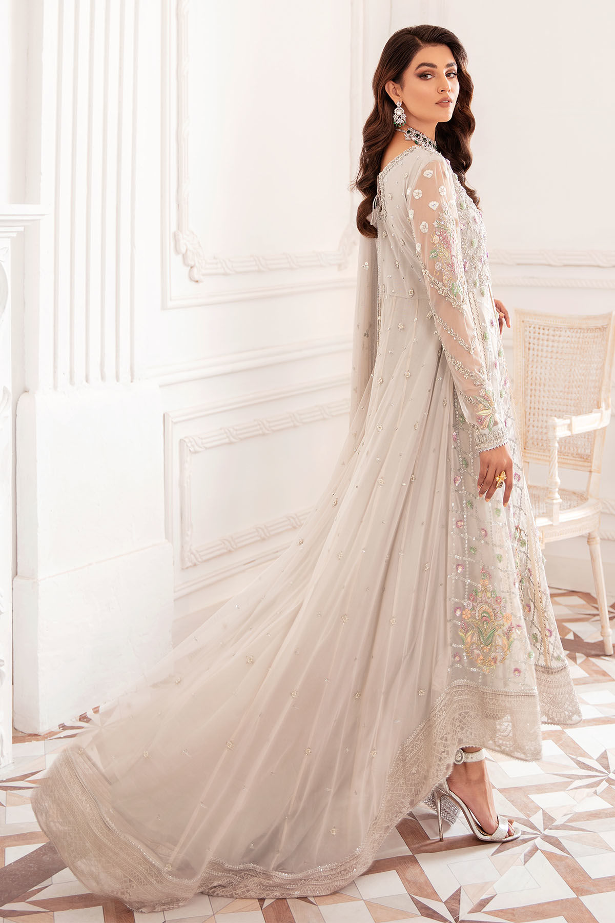 Pakistani Grey Zardozi Embroidered Net High-Low Peplum (2-Piece) - Image 4