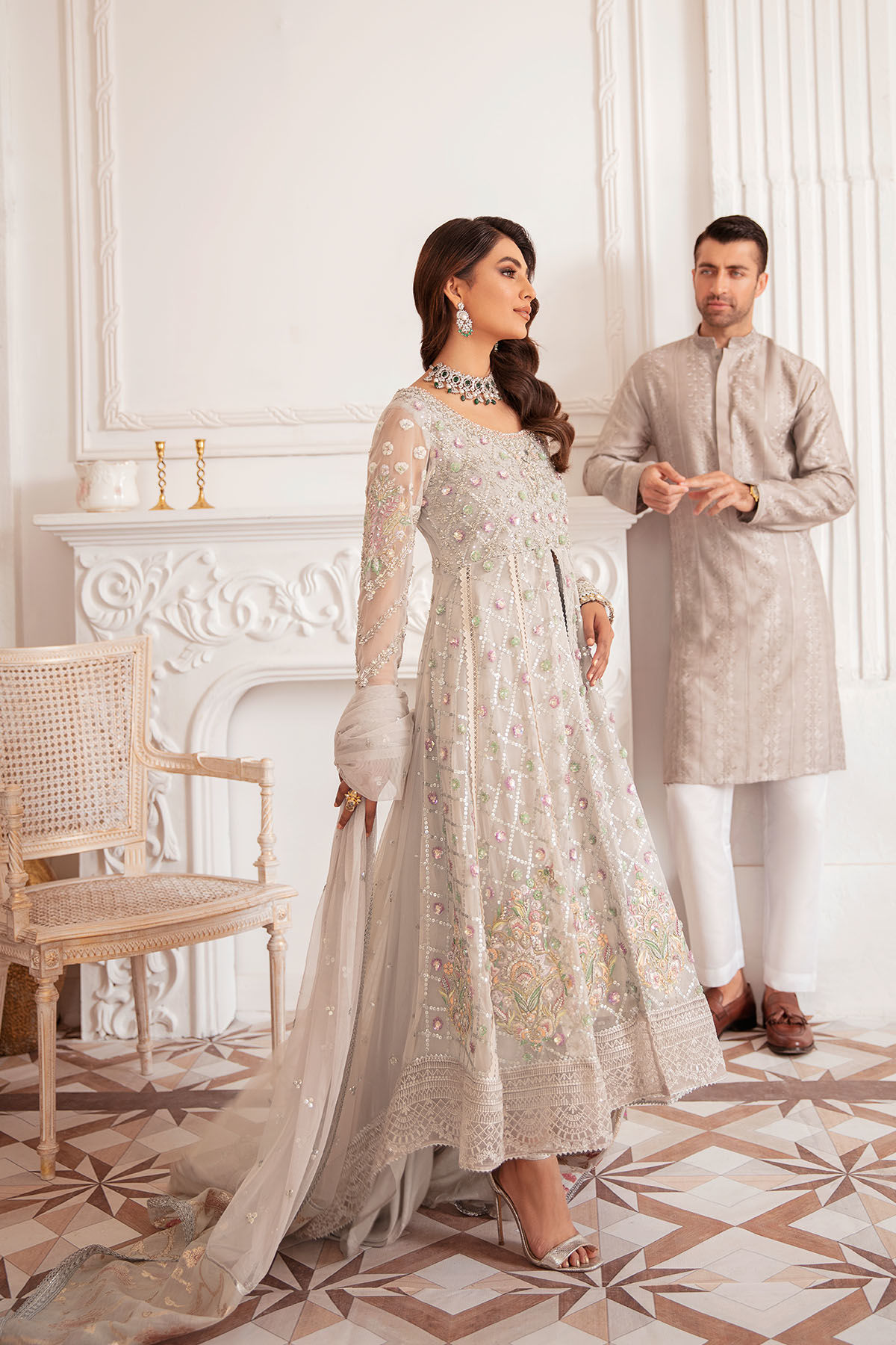 Pakistani Grey Zardozi Embroidered Net High-Low Peplum (2-Piece) - Image 5