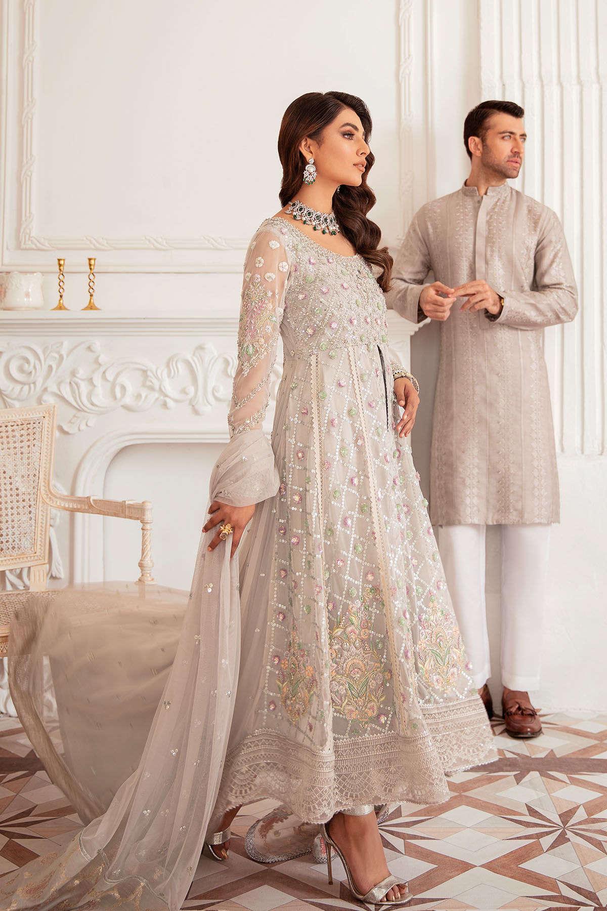 Pakistani Grey Zardozi Embroidered Net High-Low Peplum (2-Piece) - Image 6