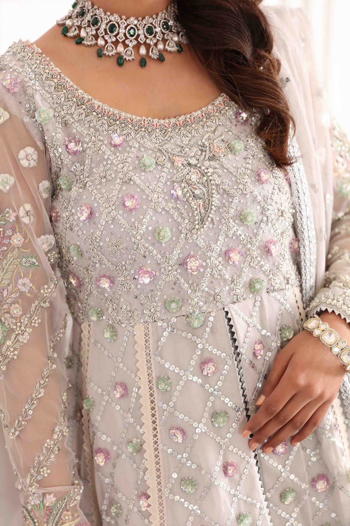 Pakistani Grey Zardozi Embroidered Net High-Low Peplum (2-Piece) - Image 7