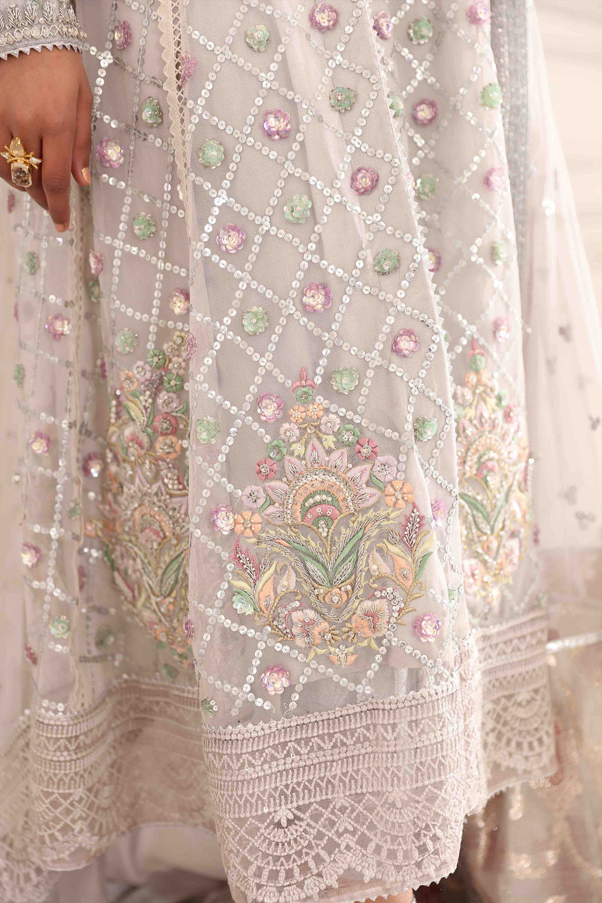 Pakistani Grey Zardozi Embroidered Net High-Low Peplum (2-Piece) - Image 8