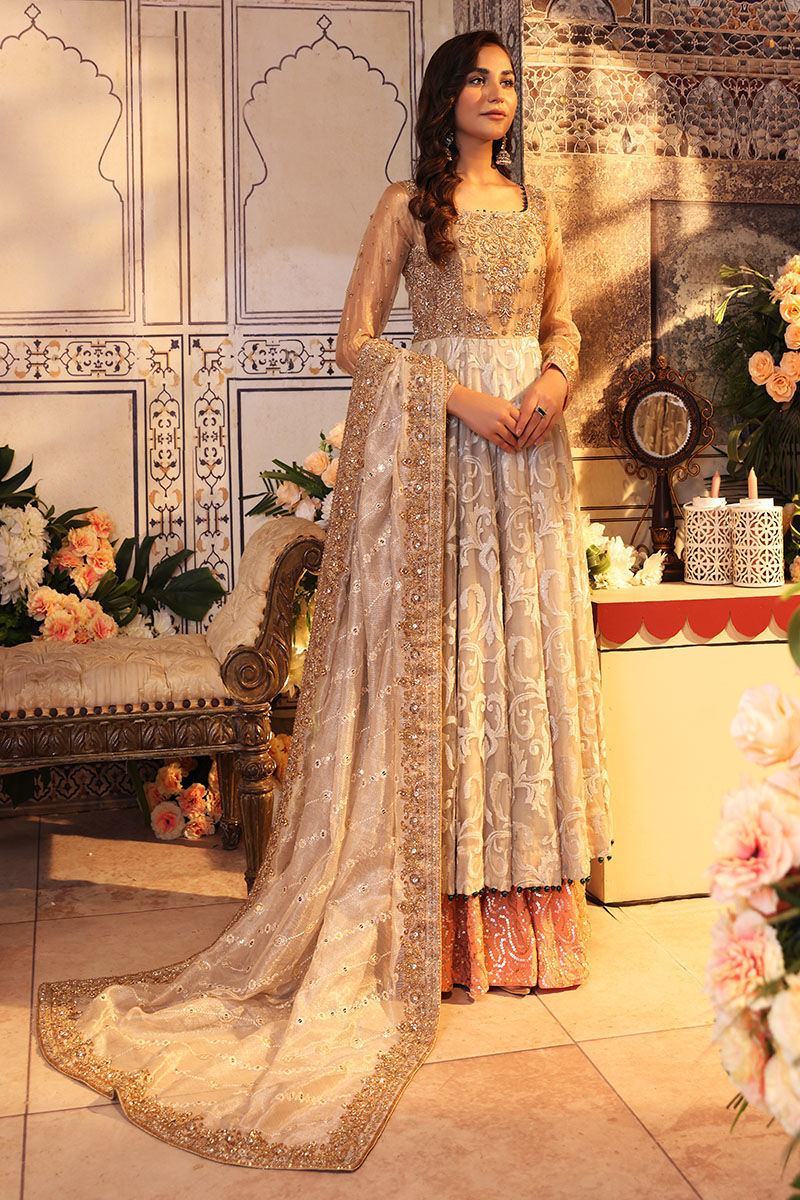 Pakistani Grey & Gold Zardozi Net Pishwas Dress (3-Piece) - Image 1