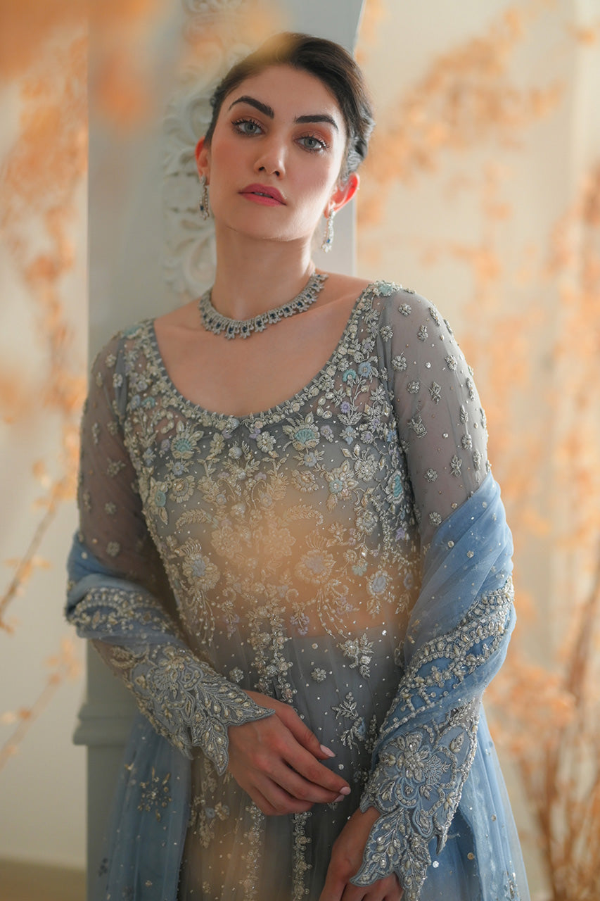 Pakistani Grey Zardozi Kaamdaani Net Pishwas (3-Piece) - Image 4